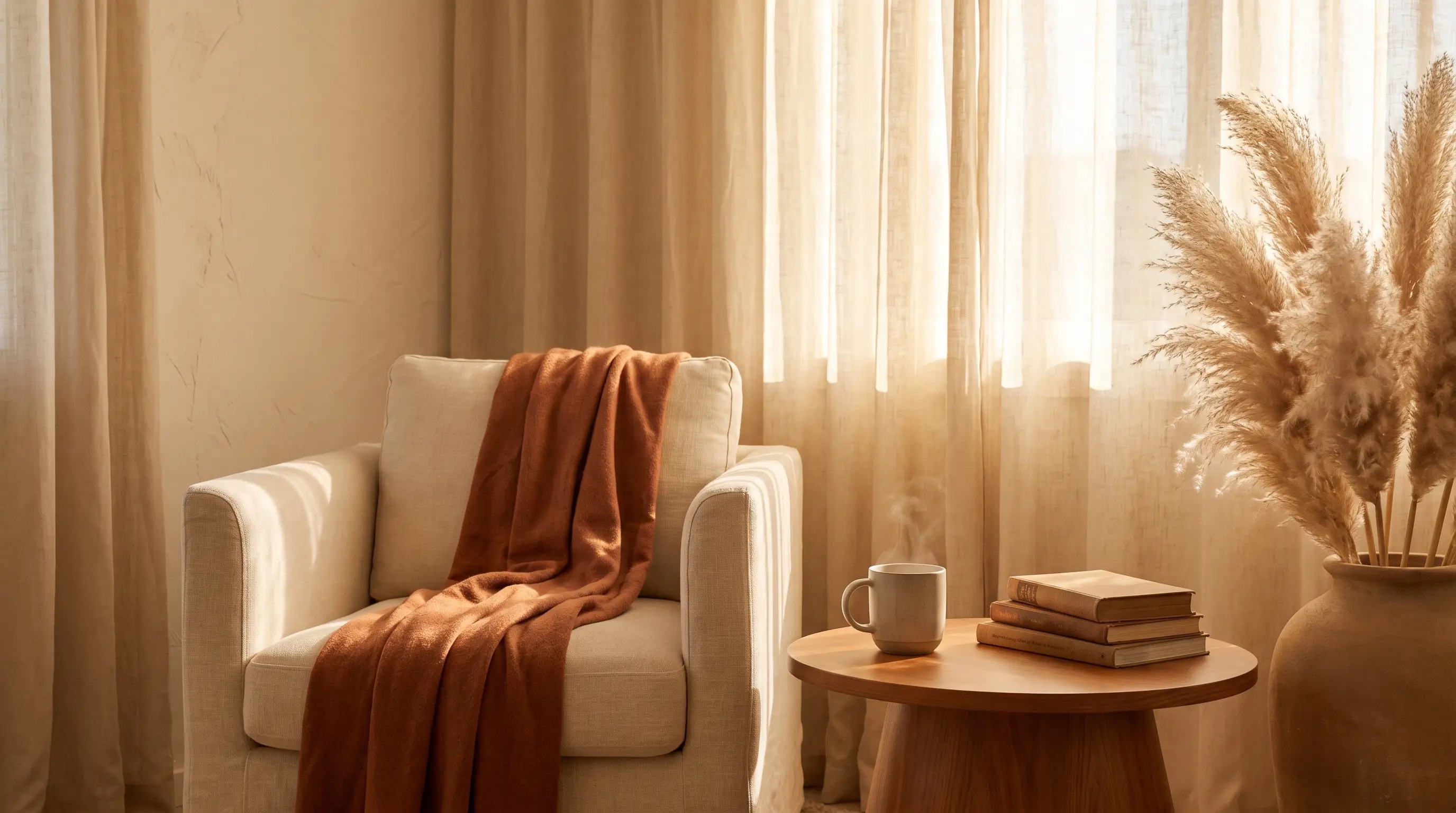 A calm, sunlit consulting room corner with a warm throw, tea, and books