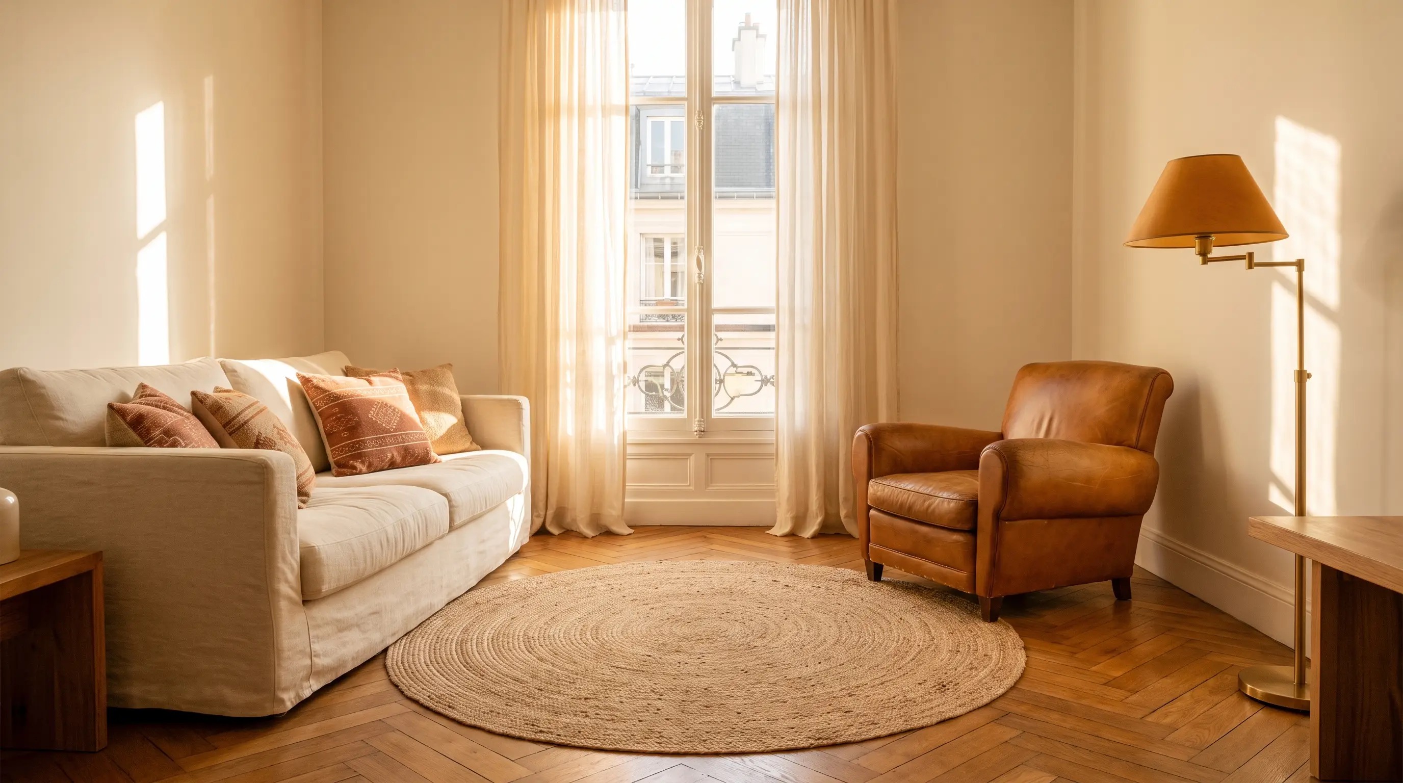 A calm, sunlit consulting room with a soft sofa and warm light